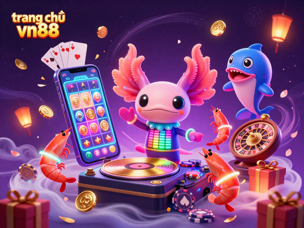 Experience the vibrant energy of trang chủ vn88 with a lively 3D illustration of a neon axolotl DJ and animated gambling elements.