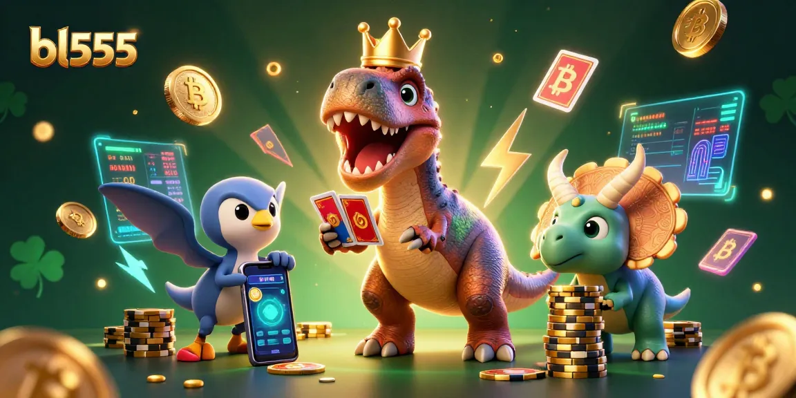 Win big at bl555 with a T-Rex and pterodactyl in a bustling casino scene stacked with golden chips.