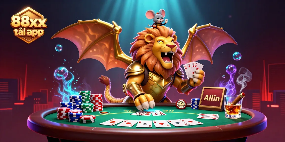 Engage with 88xx tải app as a chimera creature roars atop a poker table filled with vibrant chips and cards.
