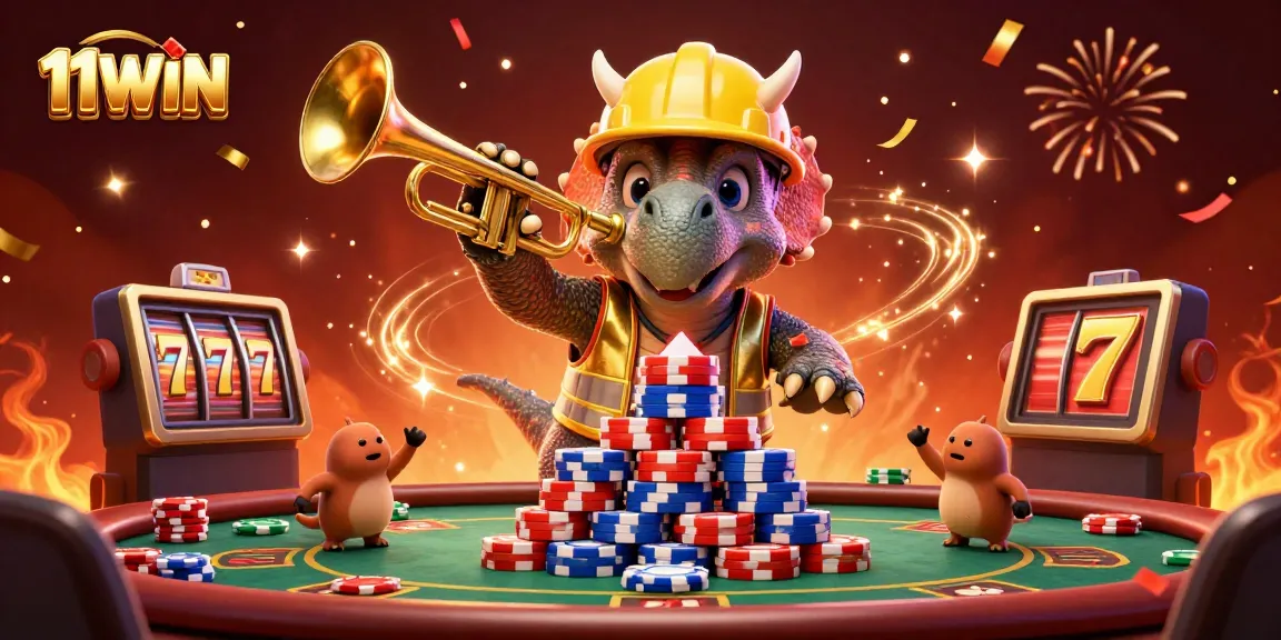 Join the celebration at 11WIN with poker chips and vibrant gaming elements in this dynamic casino scene.