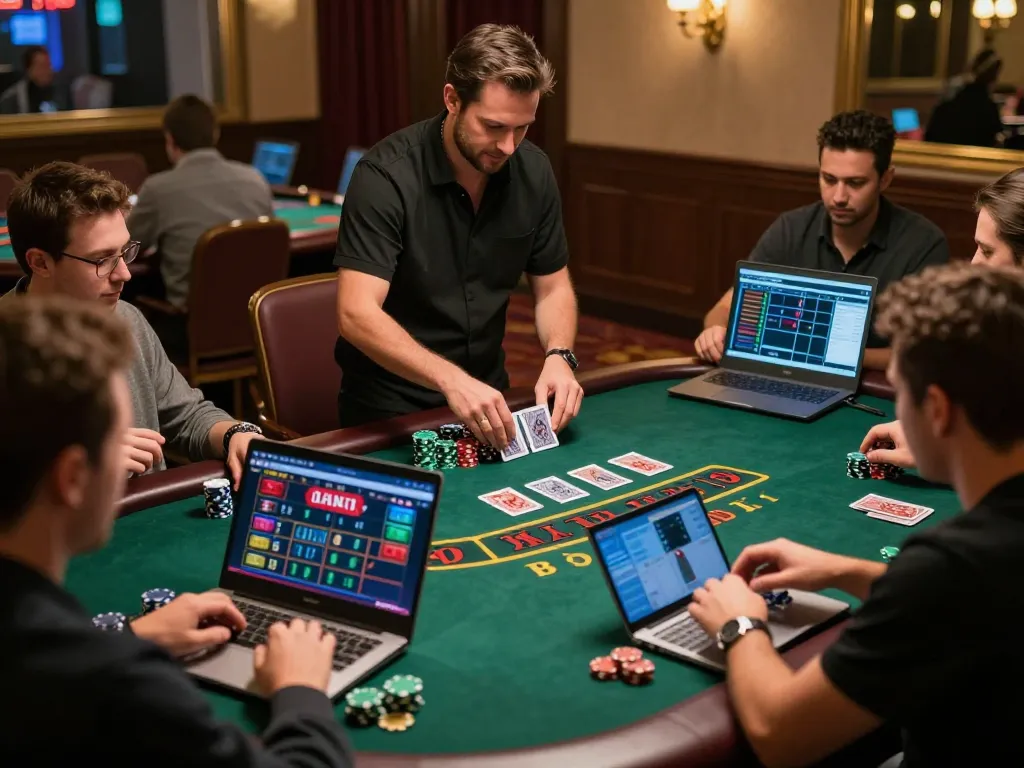 cm88 players engaging in a live dealer blackjack game with expert croupier, luxury online casino atmosphere