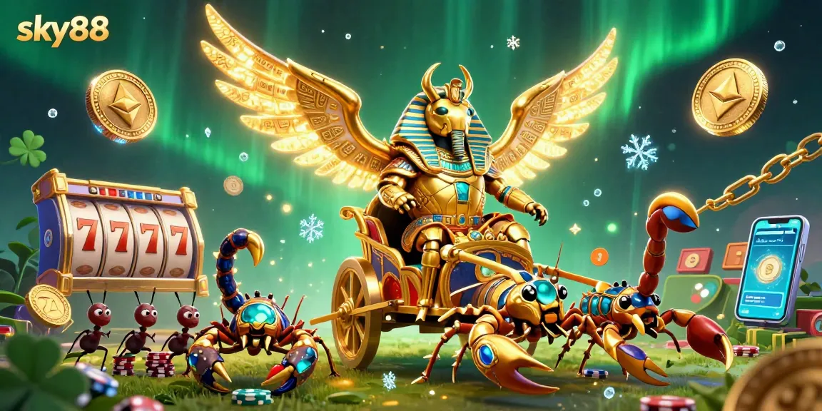 Engage with thrilling slots at sky88, featuring a chariot and scorpions among dynamic gaming elements.