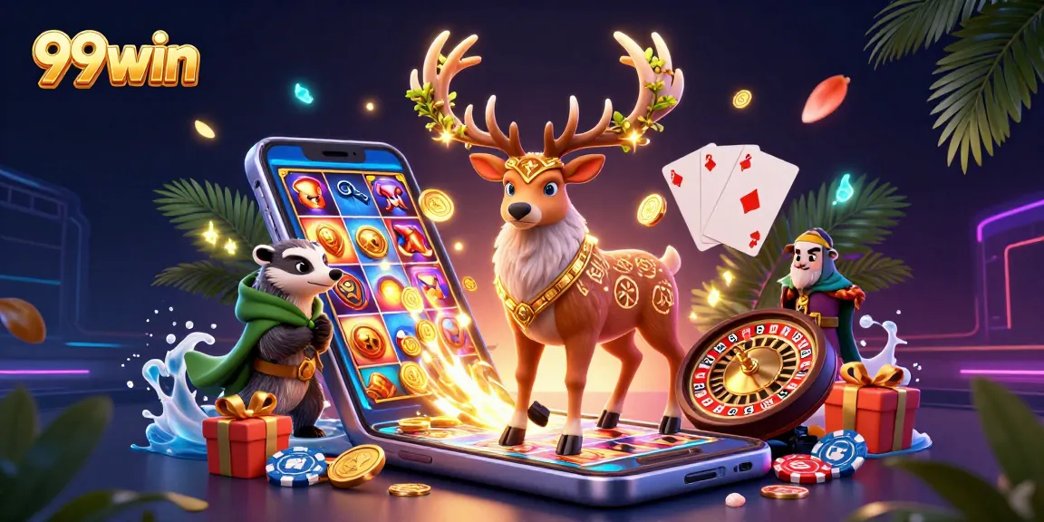 Experience the thrill of 99win casino gaming with a vibrant 3D illustration showcasing slot machines, cards, and enchanting characters.