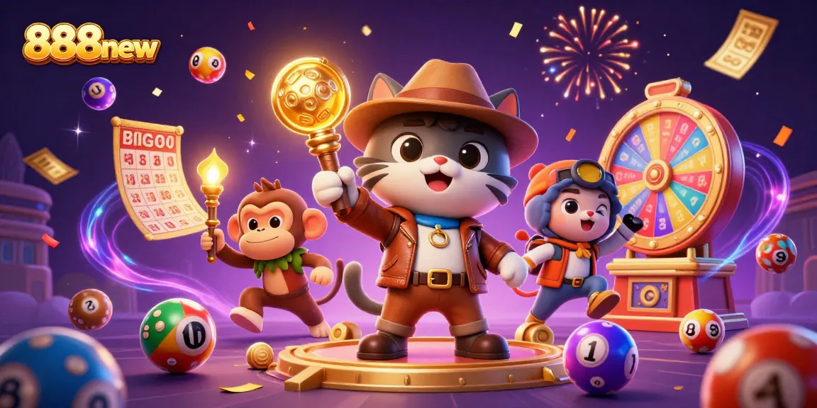 Experience exciting moments with 888new as the cat explorer discovers golden casino treasures while surrounded by lottery elements.