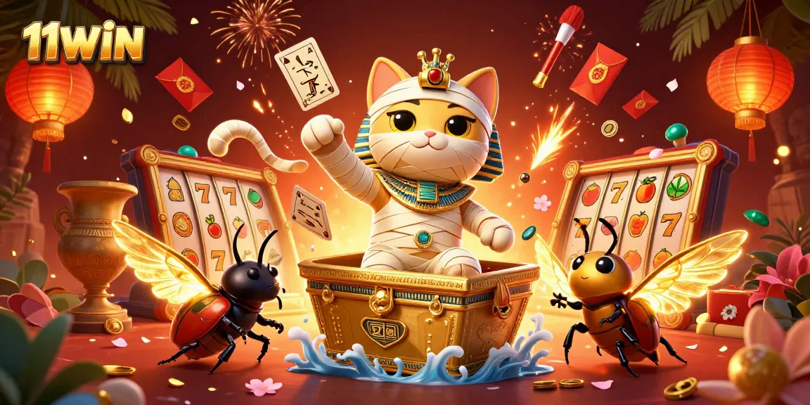Experience 11WIN’s vibrant casino scene featuring a cartoon mummy cat and exciting slot elements.