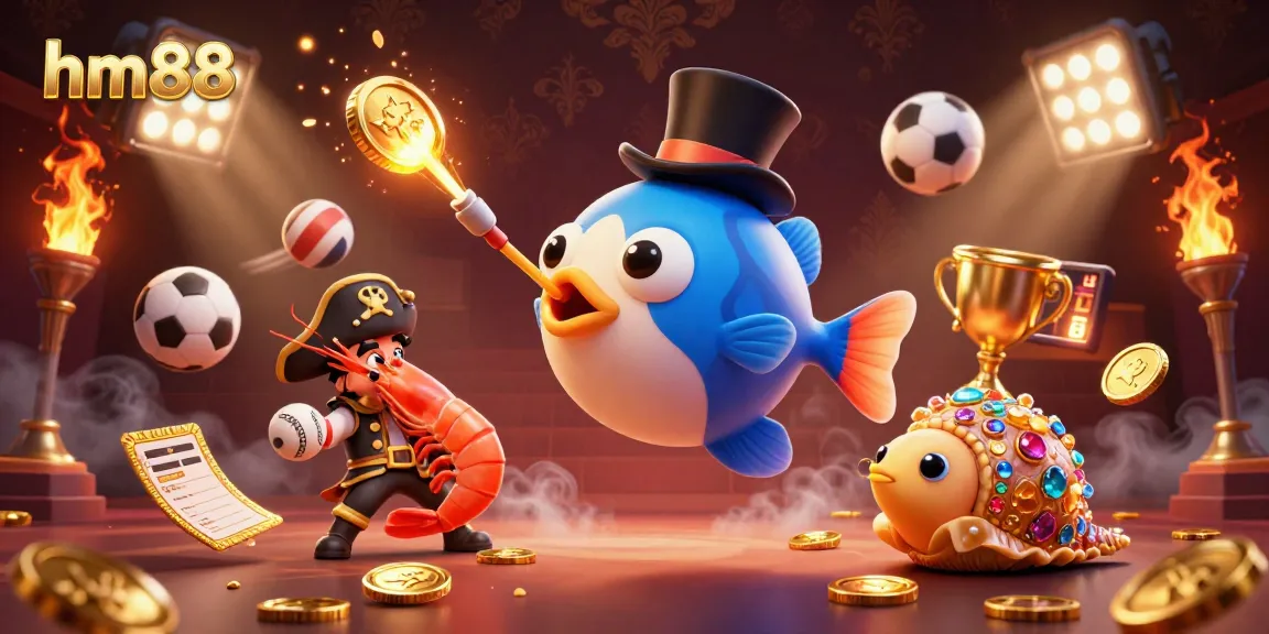 hm88 promotes an exciting gambling experience with gold coins, sports elements, and vibrant characters.
