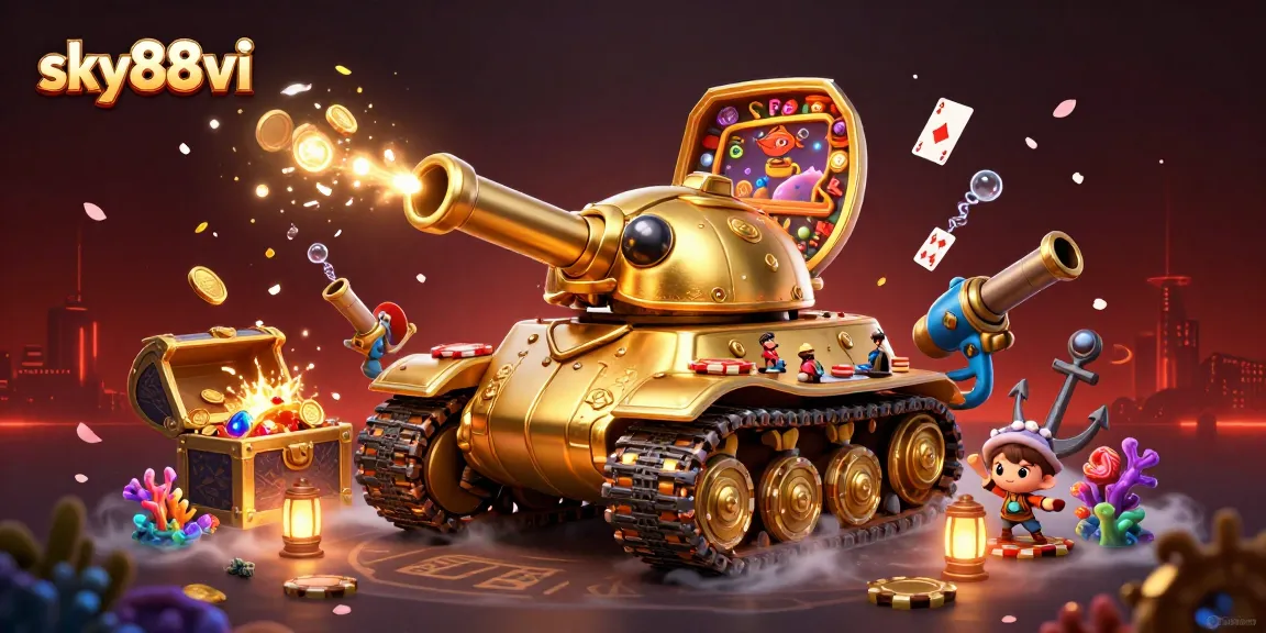 Engage with sky88vi's thrilling casino adventure showcased in a vibrant, action-packed 3D scene.