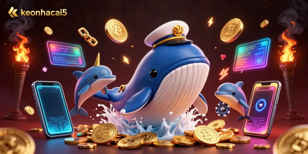 Engaging scene showcasing keonhacai5 with a whale in a captain's coat and playful dolphins in a sea of coins.