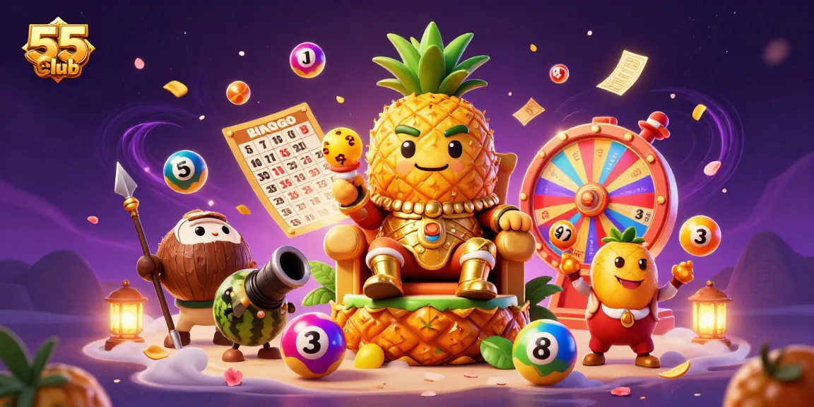 Experience the thrill of 55club with vibrant lottery balls and colorful casino characters.