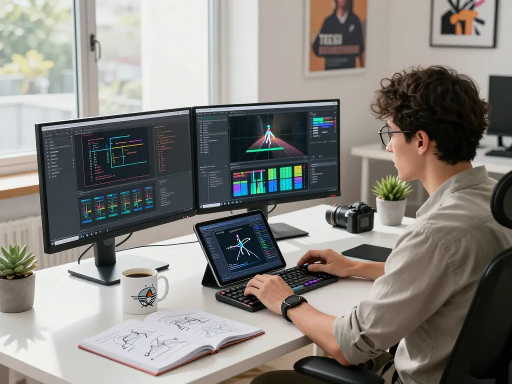 Engineer using motion AI technology to develop innovative video applications in a modern workspace