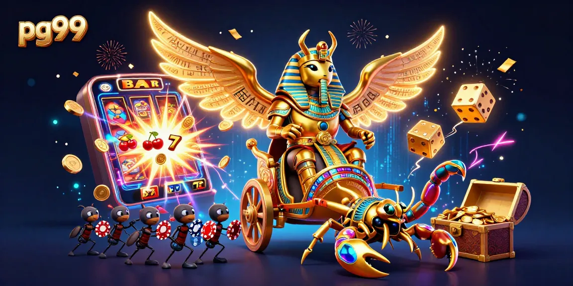 Experience thrilling slots with pg99 in this vibrant 3D casino scene featuring dynamic games and characters.