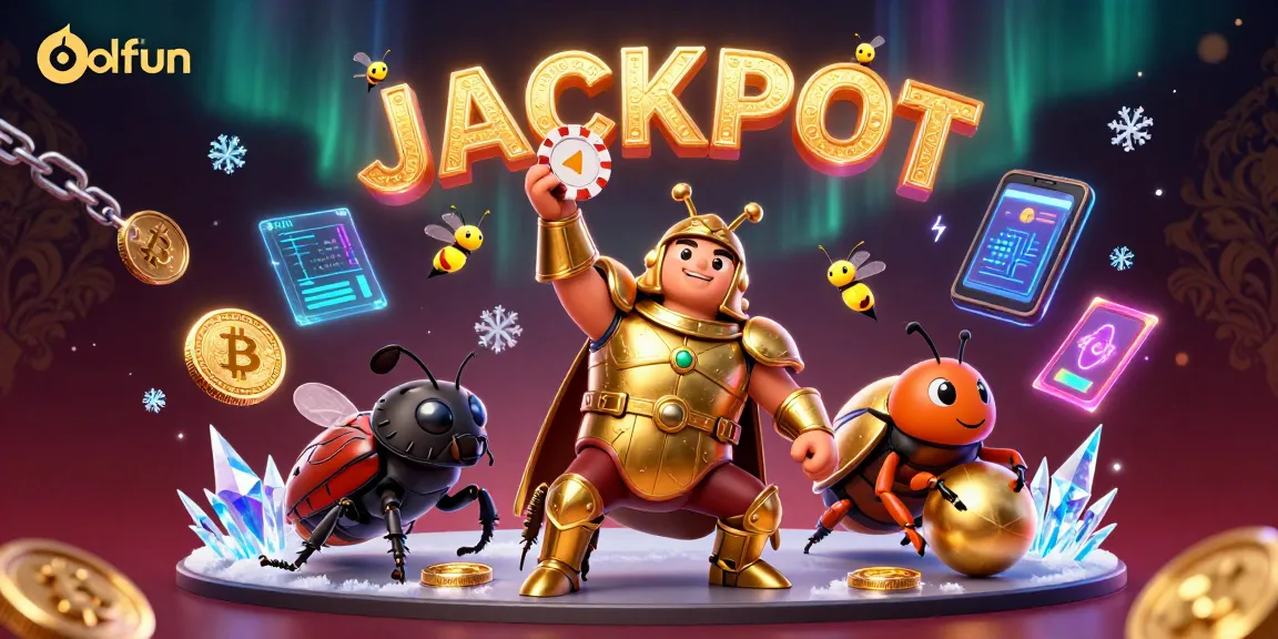Bet on okfun with a vibrant jackpot scene featuring a victorious beetle, coins, and crypto elements.