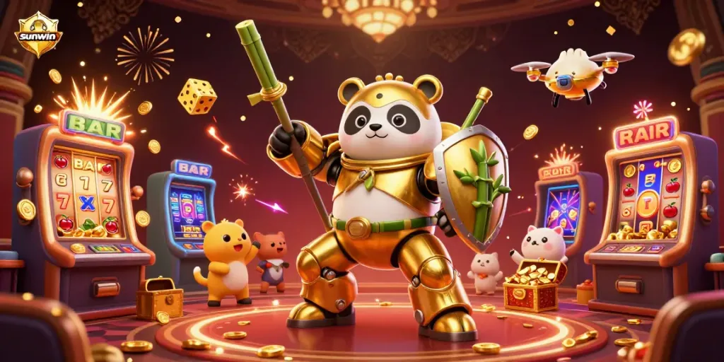 Experience thrilling winnings with sunwin in a vibrant casino arena featuring a golden panda in a mech suit.