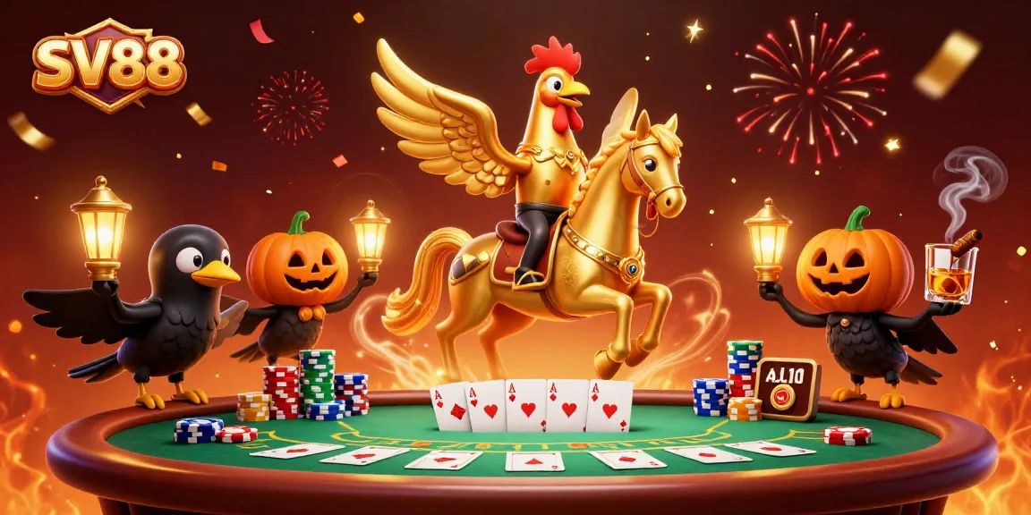 SV88 reveals a golden rooster playing high-stakes poker in a vibrant casino scene.