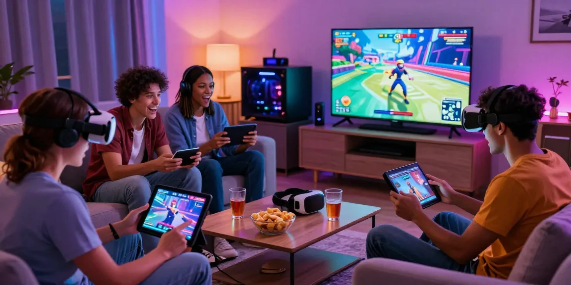 Engaged adults playing html hentai games in a lively gaming setup with tablets and laptops.