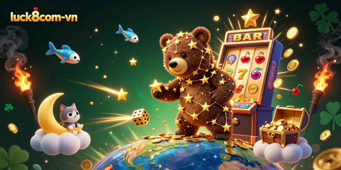 Engage in exciting gameplay at luck8com-vn with a vibrant 3D illustration capturing the thrill of online gambling.