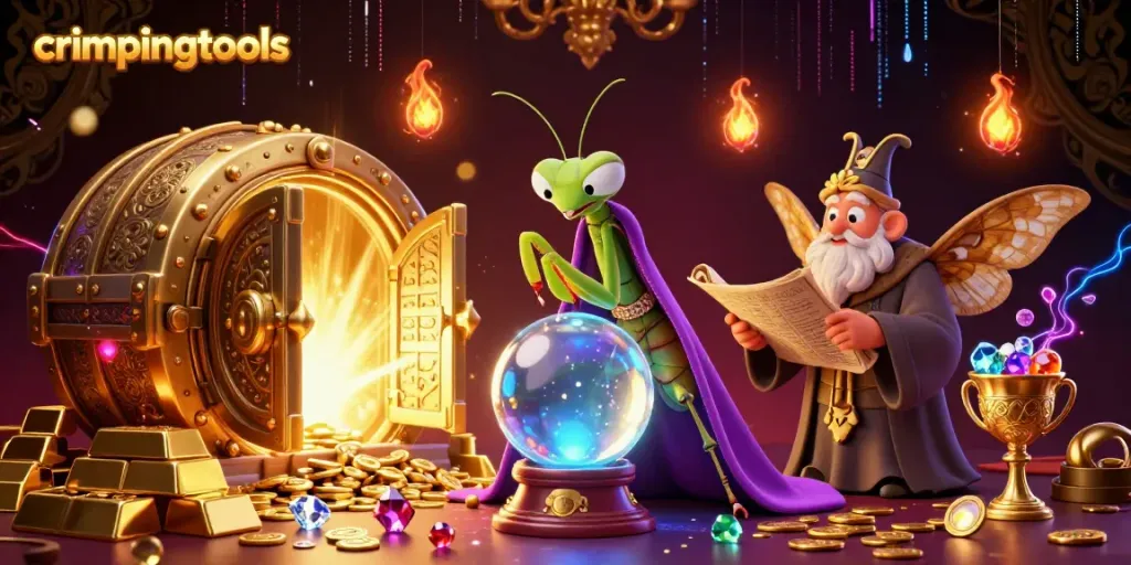 Experience crimpingtools magic with a vibrant fortune teller scene surrounded by treasures.