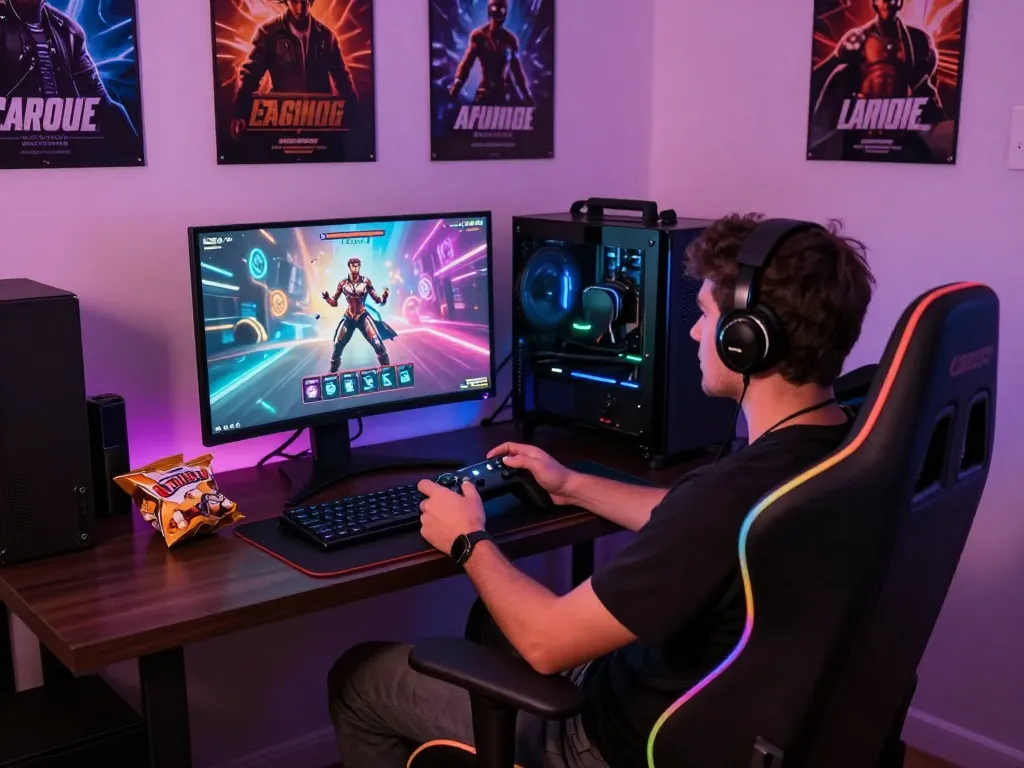Engaging player enjoying a porn game online with colorful visuals and snacks.