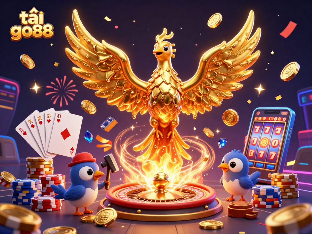 Engage with exciting games at tải go88, featuring a golden phoenix and vibrant casino elements!