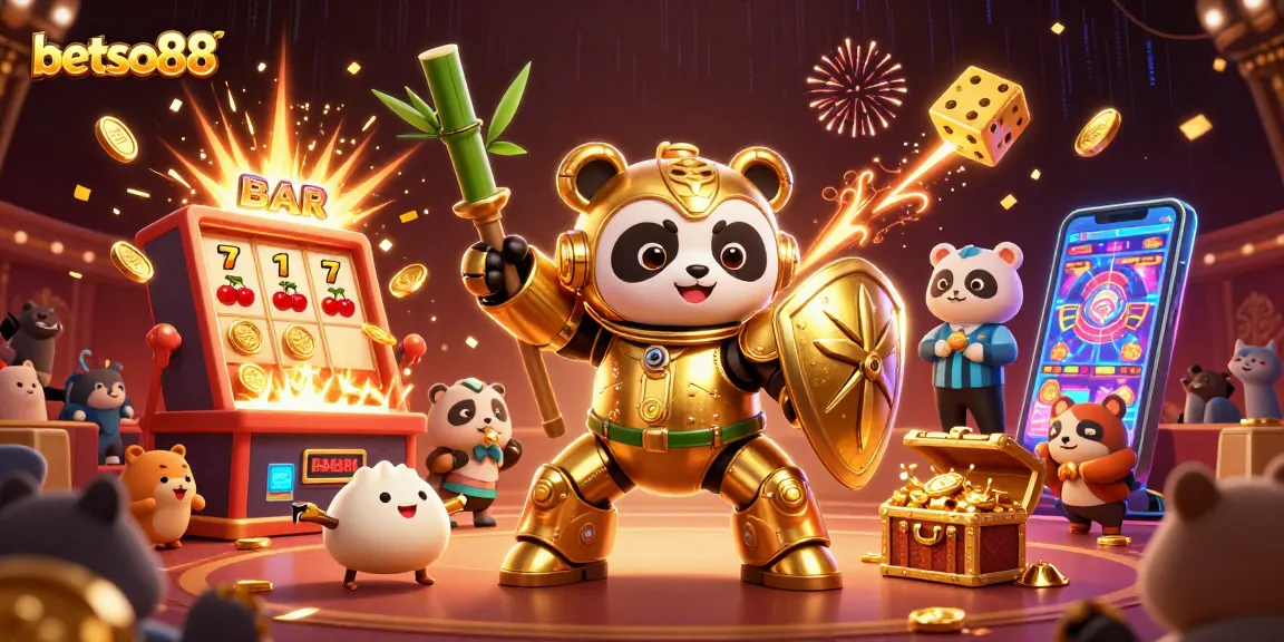 Betso88 offers an exciting 3D scene featuring a golden panda in a mech-suit engaging in thrilling casino gameplay