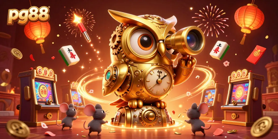 Experience the excitement of pg88 with a golden owl overseeing a lively casino floor filled with games and festive elements.