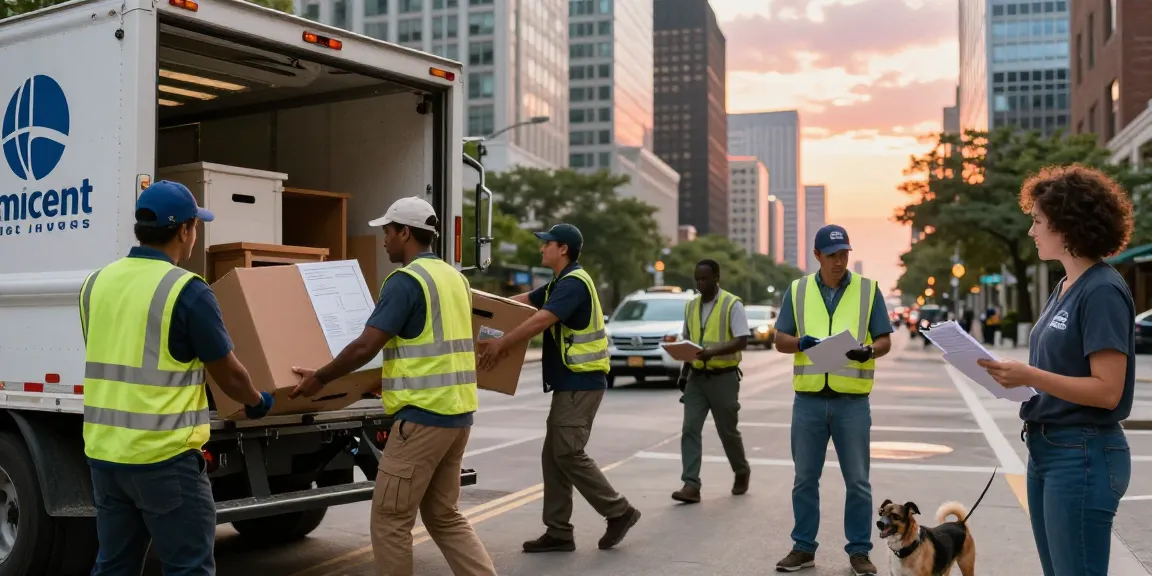 Professional Chicago moving company team loading furniture into a truck on a busy street.
