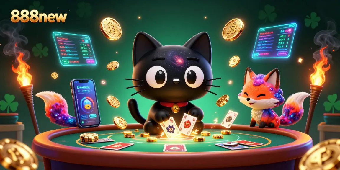 A 3D illustration of 888new showcasing a cosmic cat at a casino table attracting chips, with vibrant elements surrounding it.