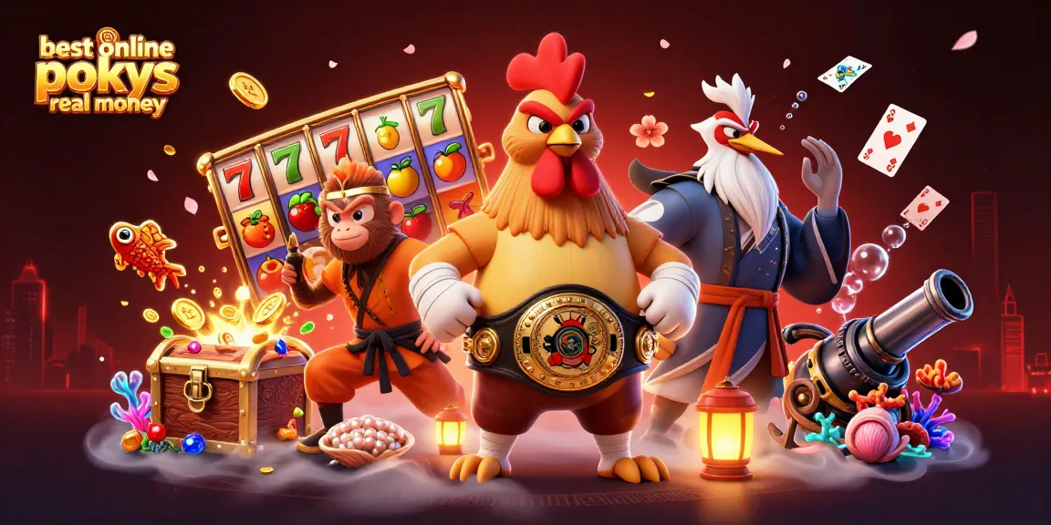 Engage with the best online pokies real money while surrounded by vibrant characters and casino symbols.