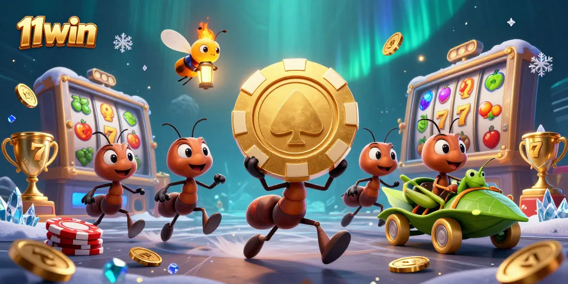 Experience the excitement of 11WIN with dynamic slot reels and characters in a vibrant scene.