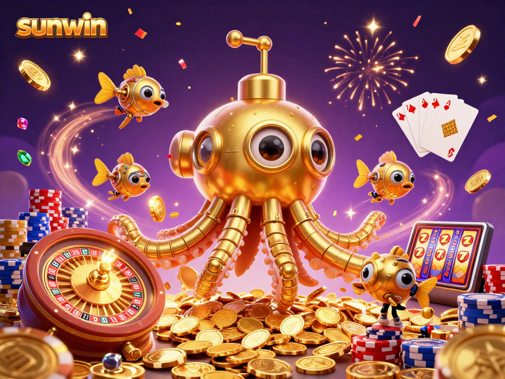 Experience the thrill of sunwin with a golden kraken submarine amidst coins and casino games.