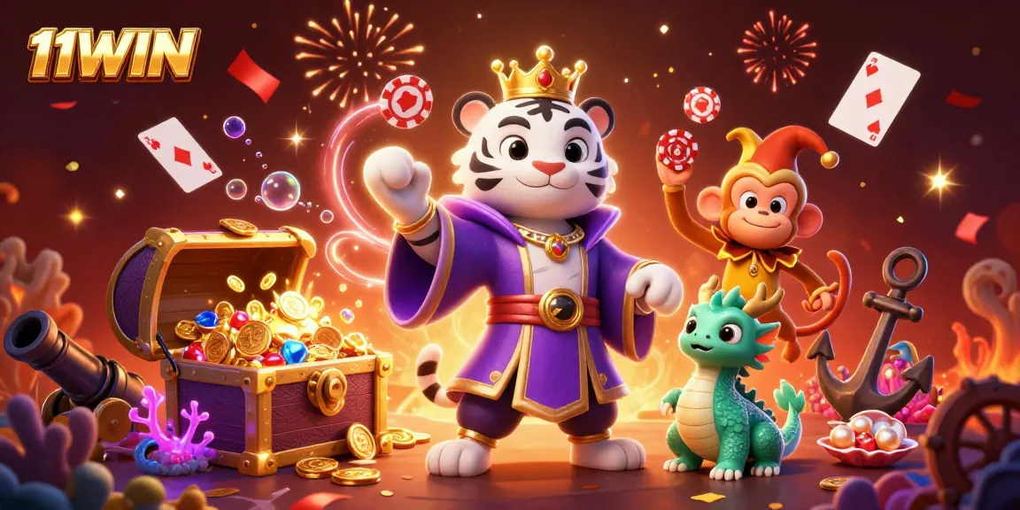 11WIN engages players with a vibrant 3D casino scene featuring iconic characters in action.
