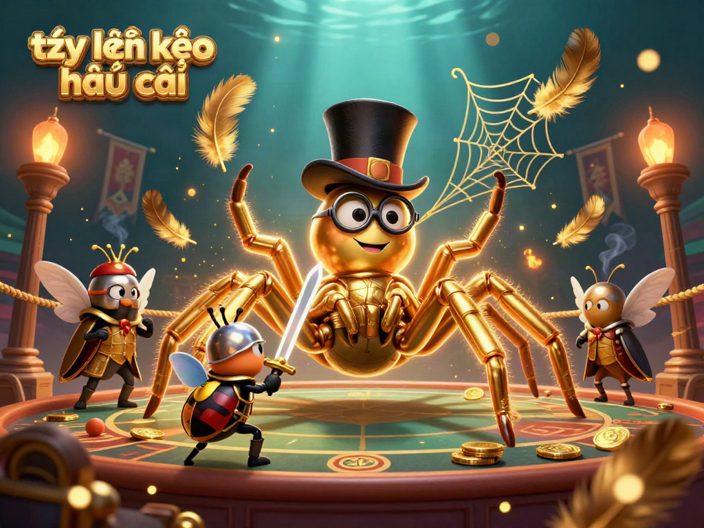 Engaging scene showcasing tỷ lệ kèo nhà cái with a golden tarantula, beetle knight, and betting tokens.