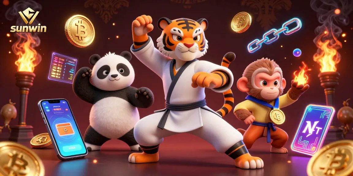 Engage with sunwin's vibrant gaming world as a kung fu master teaches while a monkey steals treasures.