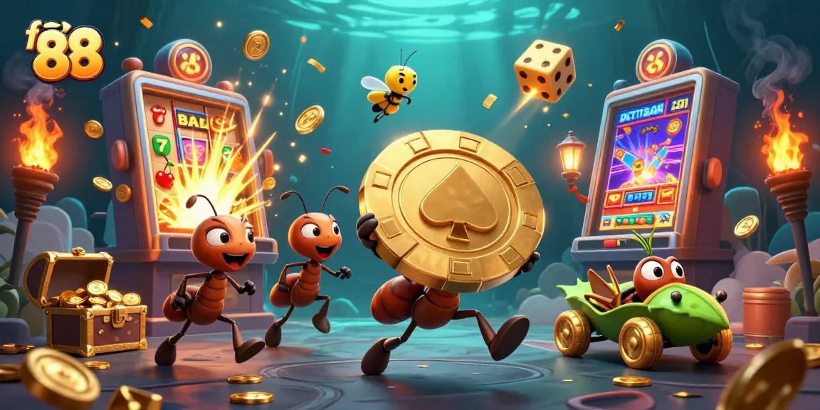 Experience thrilling wins with for 88 as animated ants carry a giant poker chip, symbolizing jackpot excitement.