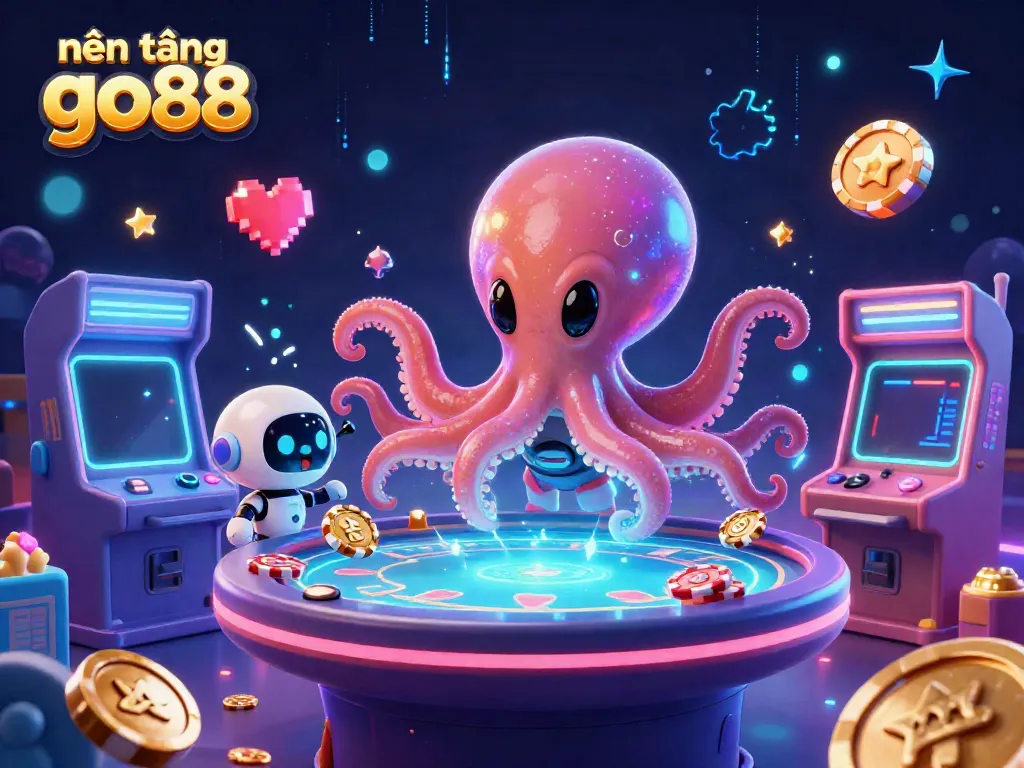 Engage in exciting gameplay with nền tảng go88, featuring a vibrant alien octopus at a holographic poker table.