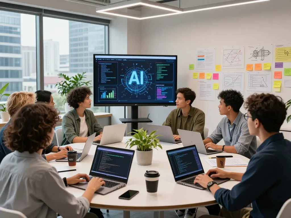Collaboration scene in a tech hub discussing sex ai applications, showcasing diverse professionals and innovation.