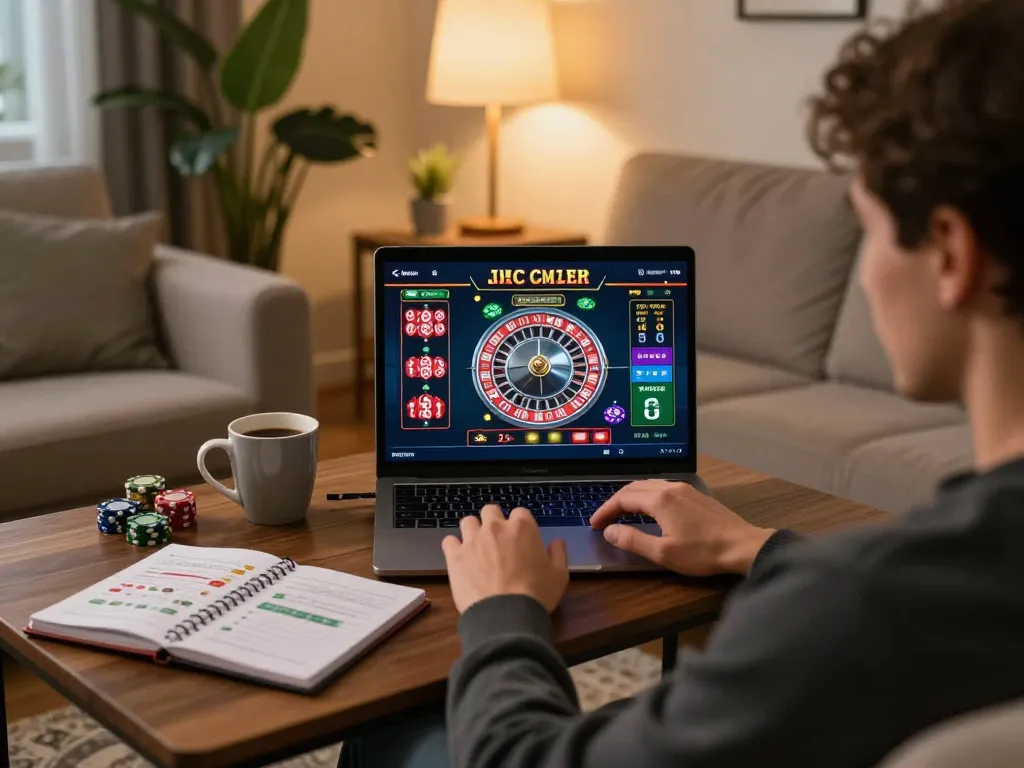 Person strategizing for online gaming at home with CM88 roulette app displayed on laptop