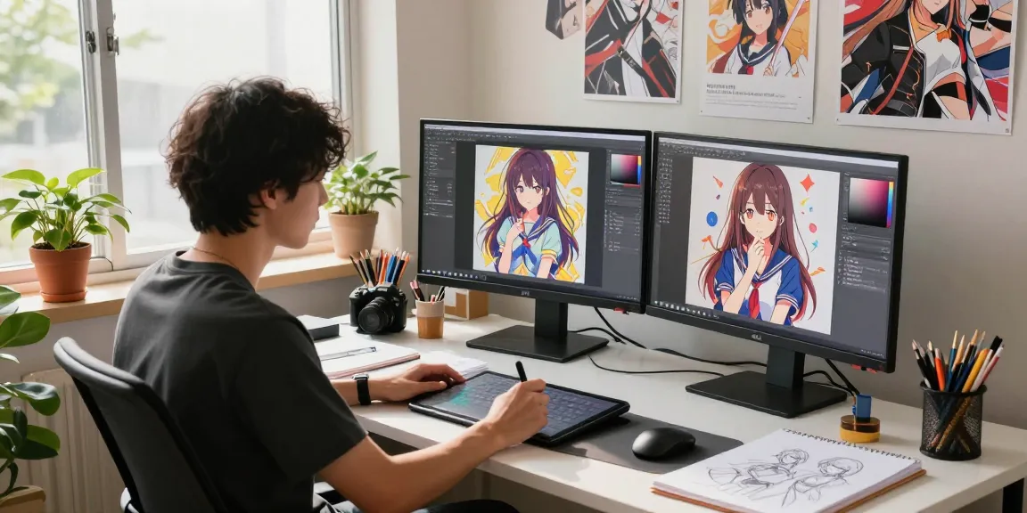 AI ecchi artwork creation in a vibrant anime workspace with artist using tablet and colorful screens.