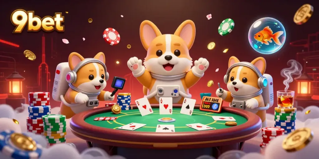 Engage with the exciting world of 9bet, featuring a 3D casino scene with a floating corgi and vibrant poker elements.