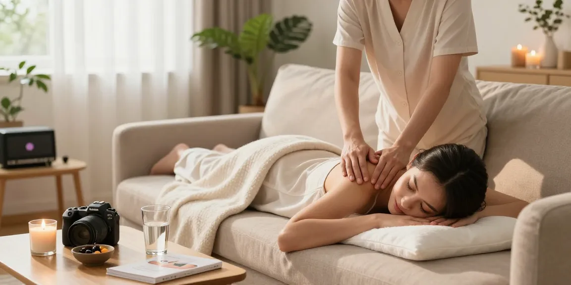 Experience 부평출장마사지 in a serene home setting, featuring a woman relaxing during a soothing massage with candles and plants.