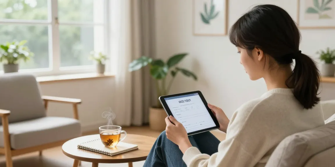 Person calmly taking an OCD test in a serene wellness space, with tablets and calming decor.