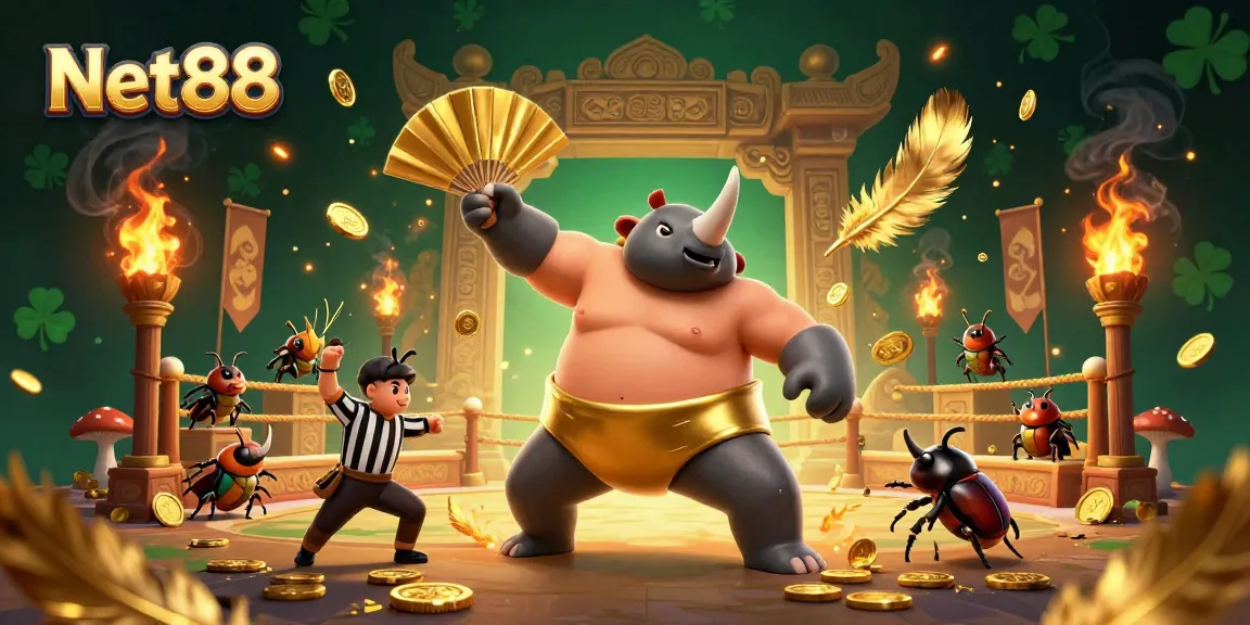 Experience thrilling action at Net88 with a sumo beetle champion amidst a casino arena.