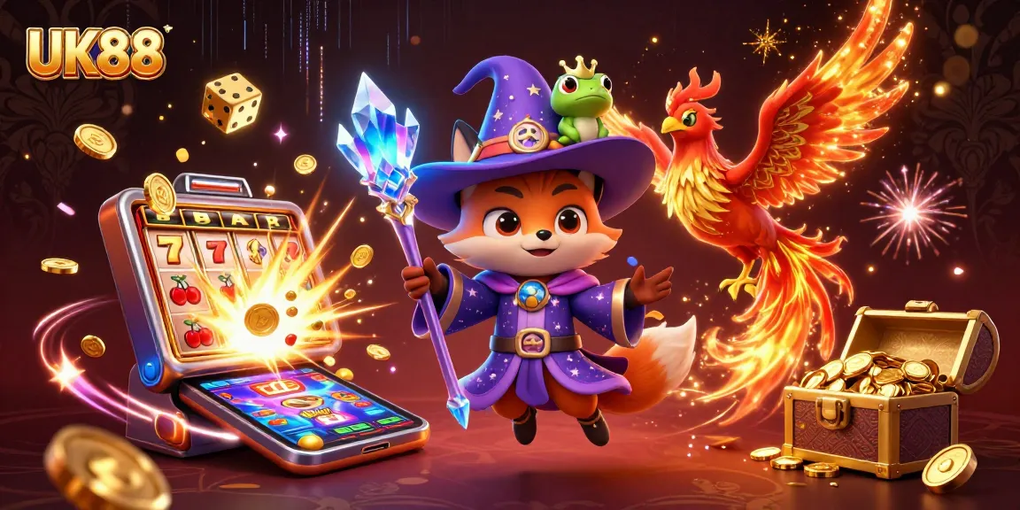Experience UK88’s vibrant casino magic with a captivating wizard, phoenix, and slot machine action!