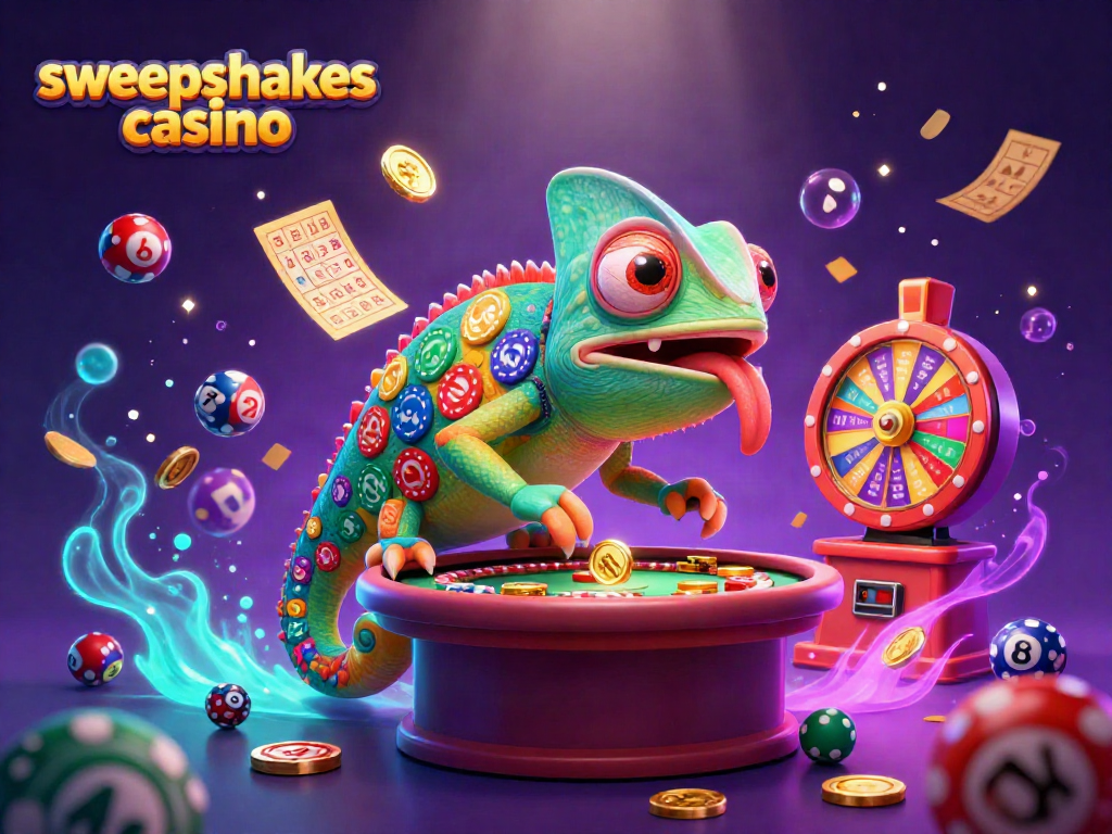 Engage with the vibrant sweepstakes casino scene featuring a colorful chameleon and dynamic gaming elements.