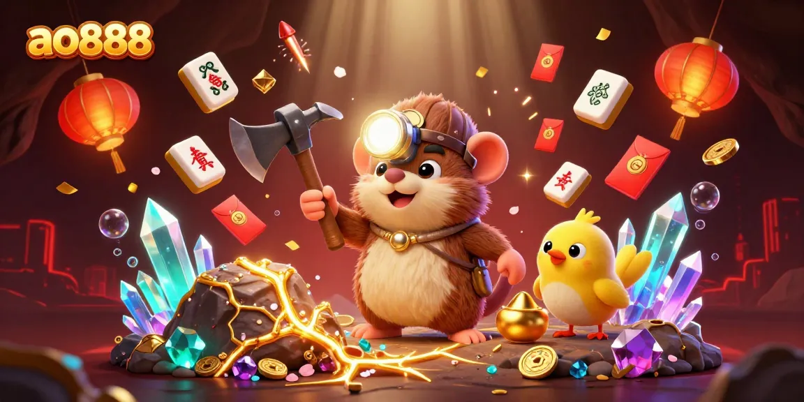 Join the treasure hunter mole at ao888 for thrilling gaming action amidst glowing gems and golden prizes.