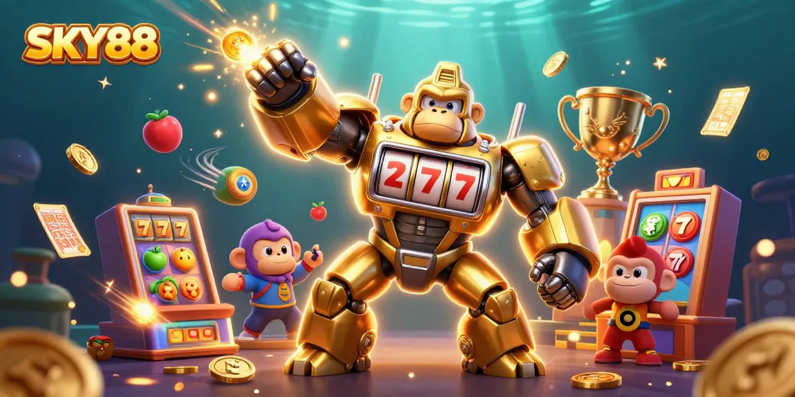 Experience thrilling slots with the SKY88 golden gorilla mech and dynamic slot machine elements.