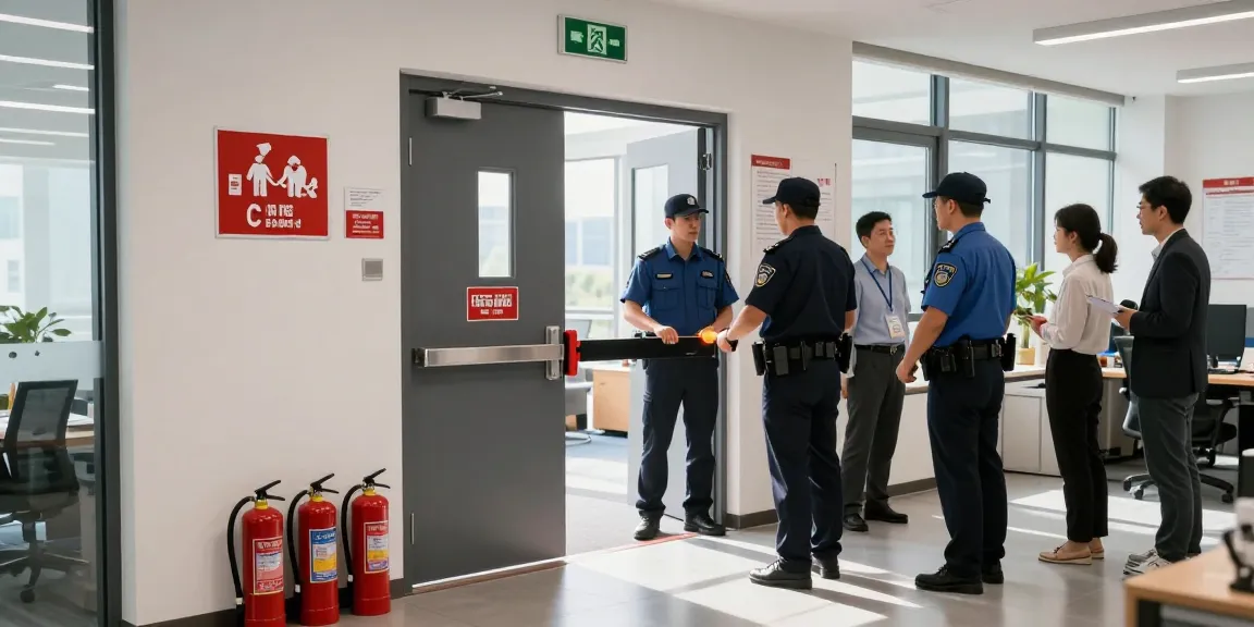 Security personnel demonstrating the use of an exit door in a commercial building safety drill.
