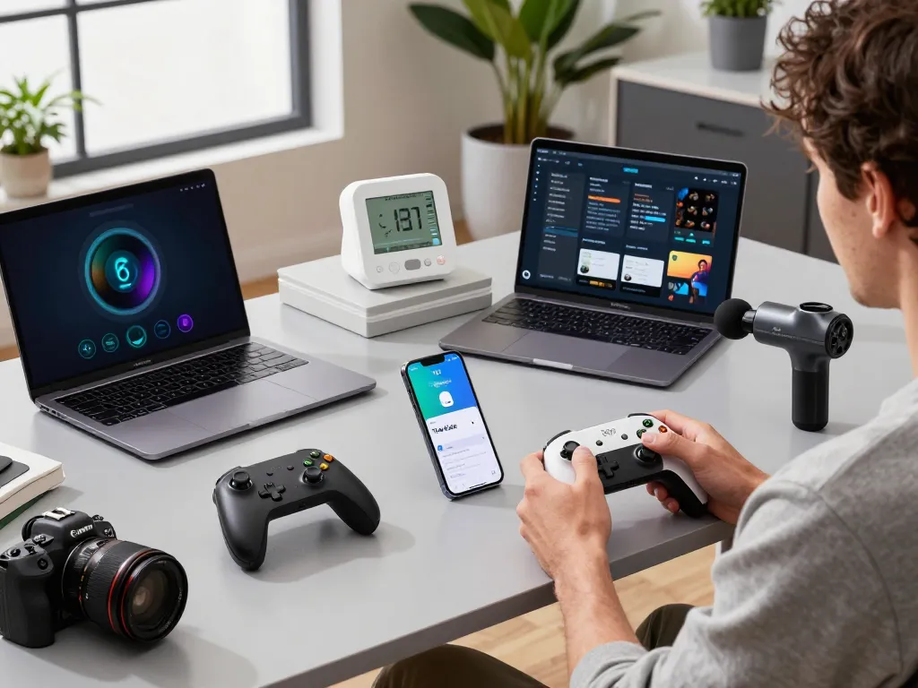 The latest tech gadgets 2104 showcase in a modern workspace with a user enjoying the 8BitDo Ultimate 2 controller and various innovative devices.