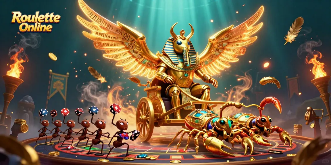 Engage in thrilling Roulette Online with a vibrant scene showcasing a golden scarab beetle and scorpions.