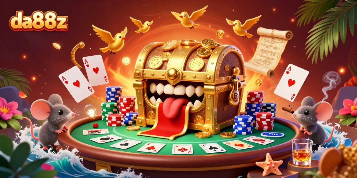 Experience the thrill of gaming with da88z in this rich casino-themed illustration showcasing treasure and poker excitement.